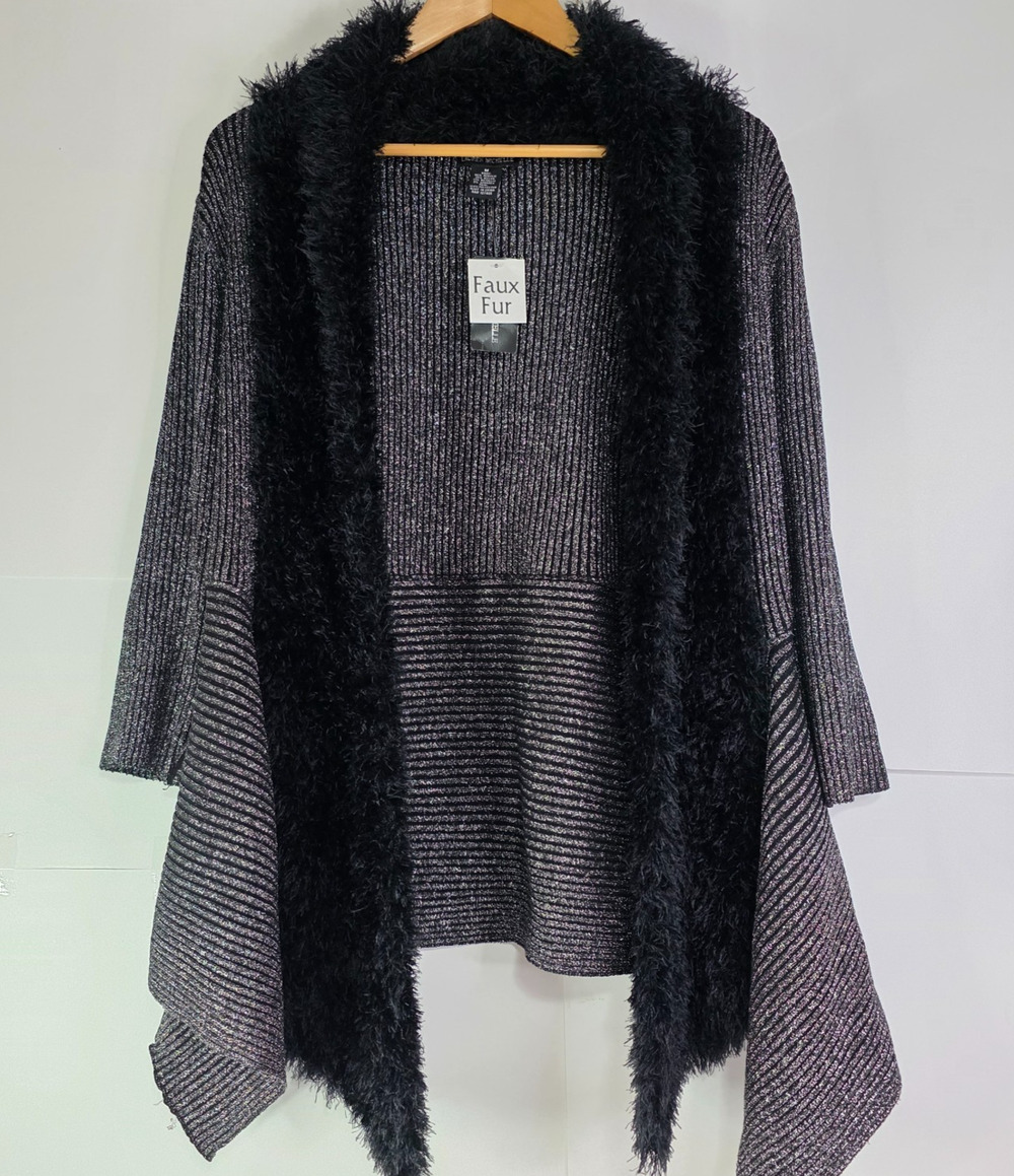 Lauren Michelle Silver Black Sparkly Fuzzy Trim Cardigan Size Medium Party